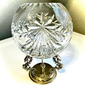2 pc Crystal Clear Industries Atrium Hand Cut Crystal 6" Rose Bowl & Brass Stand